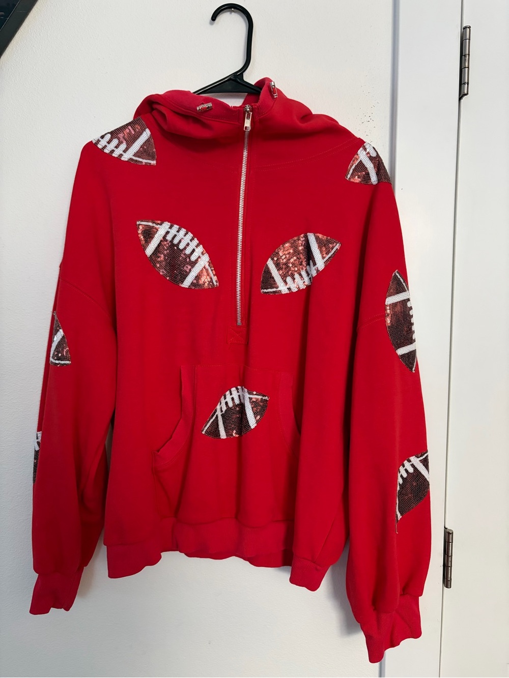 Amazon Red Half-Zip Hoodie with Football Graphic